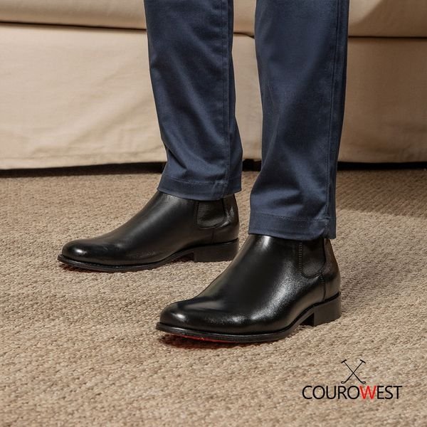 BOTA CHELSEA NEGRO SUELA DE CUERO ROJO NOBRE